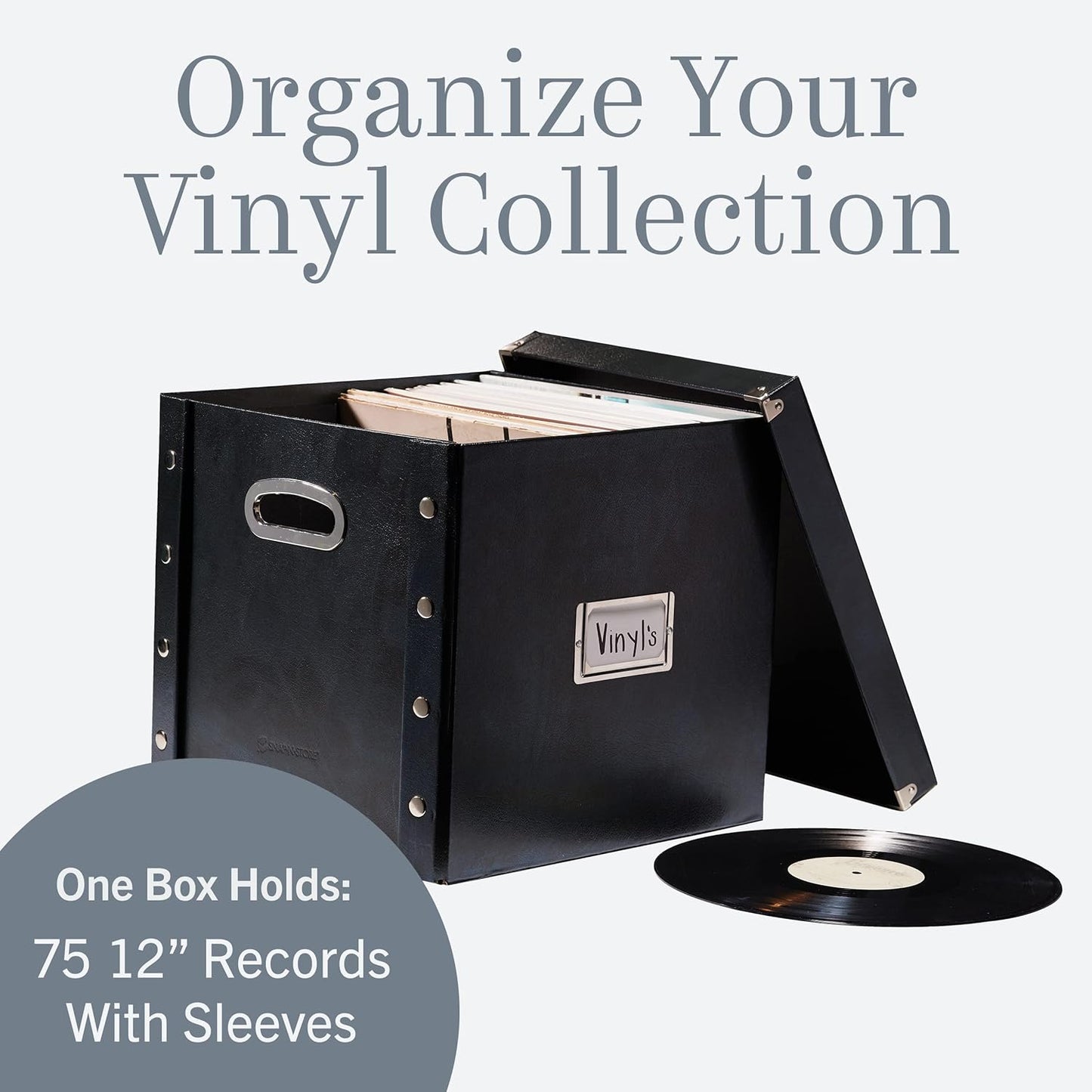 Vinyl Record Storage Box - 12-Inch Capacity | Holds Up to 75 Albums - Black