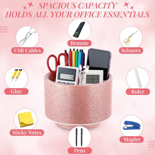 Epakh Pink Pencil Holder for Desk 360 Degree Rotating Bling Rose Gold Pen Organizer PU Leather Glitter Desk Accessories for Gift Women Office Classroom Home Bling Pink(Pen Not Included)