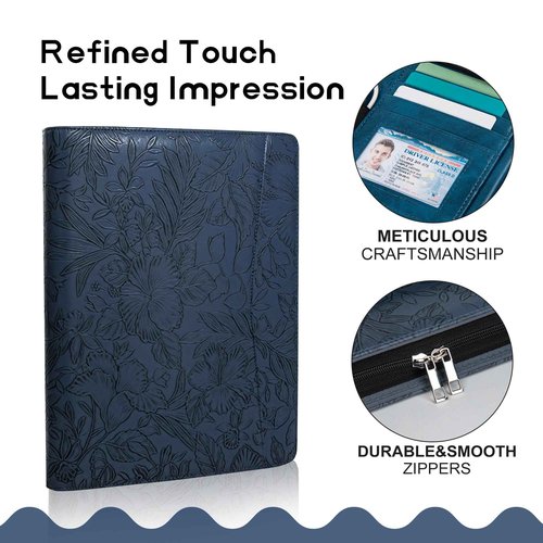 Dark Blue Embossed Portfolio Binder,Padfolio for Men and Women,Vegan PU Leather Padfolio with Zipper,A4 Planner Folder with Laptop Pocket, WorkBinder Organizer for Resume/Interview