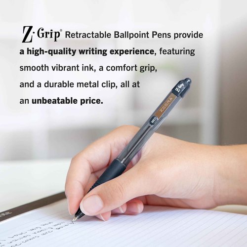 Zebra Pen Z-Grip Retractable Ballpoint Pens, Medium Point, 1.0mm, Black Ink, Soft Latex-Free Grip, Metal Pocket Clip, Plastic Barrel, 108 Pack, Ideal School Supplies & Office Supplies (22108)