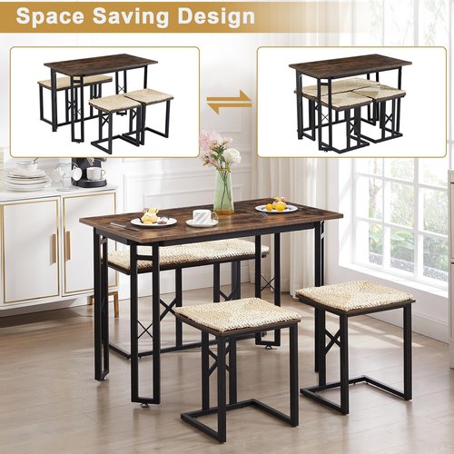 VECELO 43.3" Dining Table Sets, Farmhouse Kitchen Table for 4 with 3 Seats & Wicker Seat Cushions,Metal Frame Space-Saving Adjustable Feets Coffee Table for Home Kitchen Dining, Dark Brown