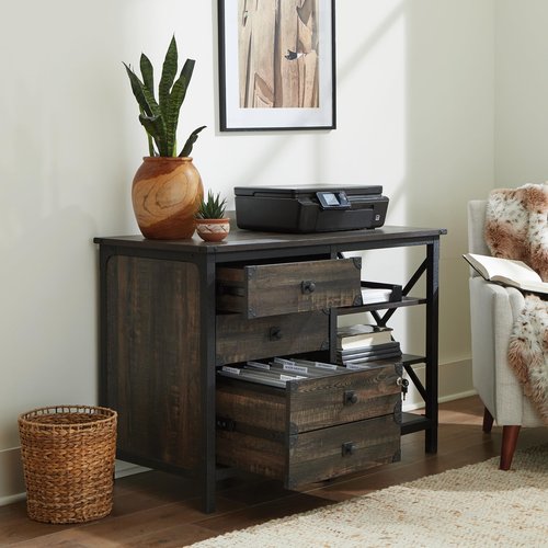 Sauder Steel River Commercial Office Credenza, L: 42.05" x W: 20.08" x H: 29.53", Carbon Oak Finish