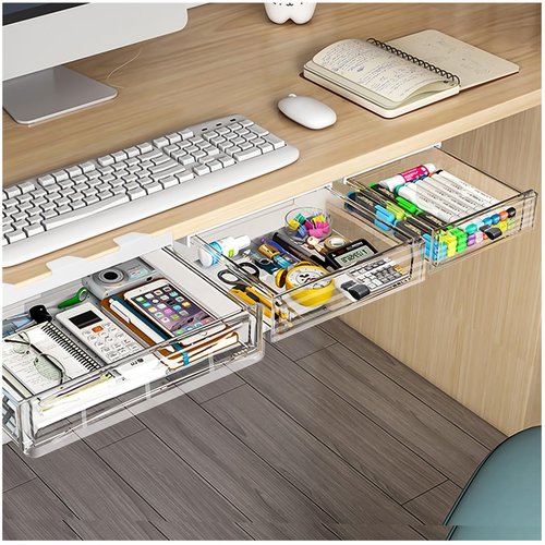 3 Pack Under Desk Drawer Organizer, Slide Out Desk Drawer, Clear Plastic Drawer Under for Office, School, Home, Hidden Desktop Organizer Pen Holder for Self-Adhesive (Clear, 3 Size)