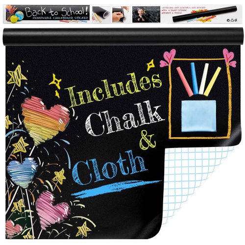 Borskyn Chalkboard Wallpaper Peel and Stick, 17.5"x393.7" Blackboard Contact Paper Self Adhesive, Vinyl Chalk Board Wall Sticker with 8 Colorful Chalks & 1 Rag