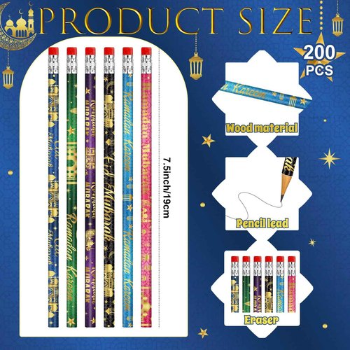 200 PCS Ramadan Pencils Eid Mubarak Wood Pencils with Eraser Ramadan Mubarak Party Favors Gifts Stationery Pencil Bulk for School Classroom Office Giveaways Prizes Islamic Party Favors Supplies