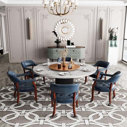 LEEMTORIG Set of 2 Dining Chairs with Casters and Arms, Large Rolling Dining Chairs with Wheels, Accent Poker Table Chairs, Solid Wood Boss Caption's Chairs, Cherry Legs & Blue SY-1533-LB