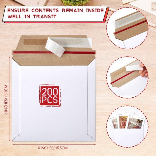 Fainne 200 Pcs 6 x 6'' Rigid Mailers 400 GSM Keep Flat Cardboard Mailers Shipping Cardboard Envelopes Disc DVD CD Envelopes with Self Adhesive Flap and Tear off Strip for Mailing Photo (White)