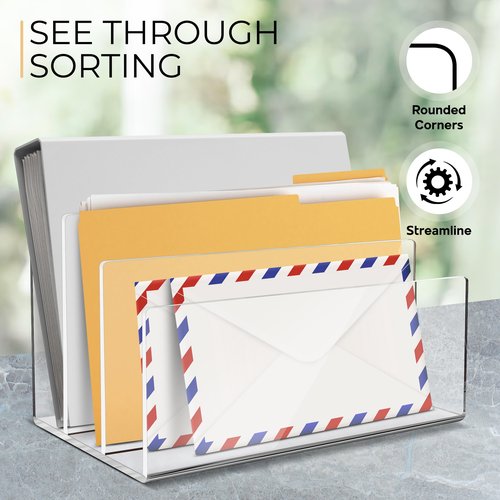 Legacy3 Durable Acrylic File Organizer - 4mm Thick Acrylic File Holder with 3 Section - Acrylic Desk Accessories with Busines Card Holder Included - 9" (L) x 6.5" (W) x 6.5" (H)
