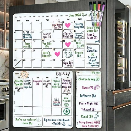 Magnetic Dry Erase Calendar by [Brand Name] - 3 Pack Monthly Whiteboard Meal Planner with 4 Markers | Daily & Weekly Schedule for Kitchen & Office