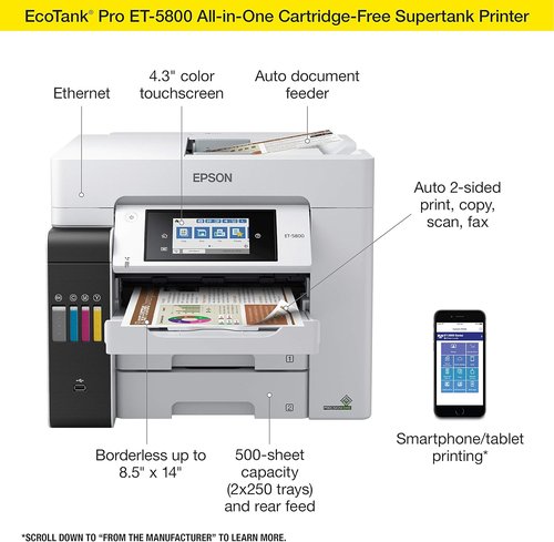 Epson EcoTank Pro ET-5800 - Wireless Color All-in-One Supertank Printer | Scanner, Copier, Fax - White
