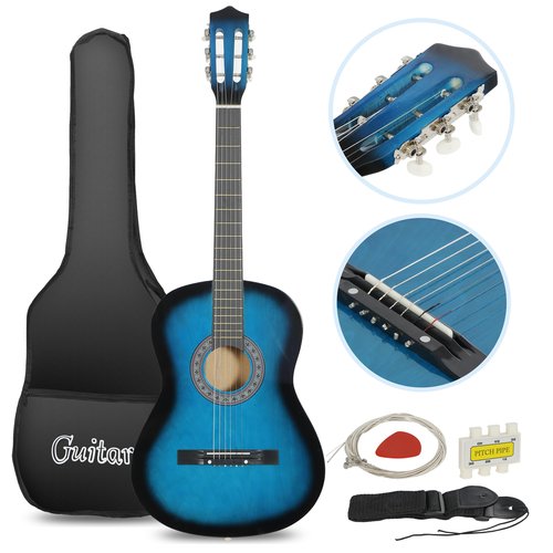 Smartxchoices 38" Kids Acoustic Guitar Bundle Kit for Starter Beginner Music Lovers, 6-String Folk Guitar with Gig Bag, Extra Set Steel Strings, Strap, Pitch Pipe and Pick (Blue)