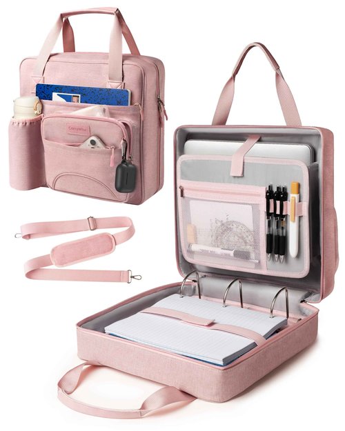Upgraded 3 Rings Zipper Binder Organizer 3 Inch Zippered Binders with Strap Large Zip Up Portfolio Folder Bag with 9 Pockets Laptop Compartment for Office Travel, Pink