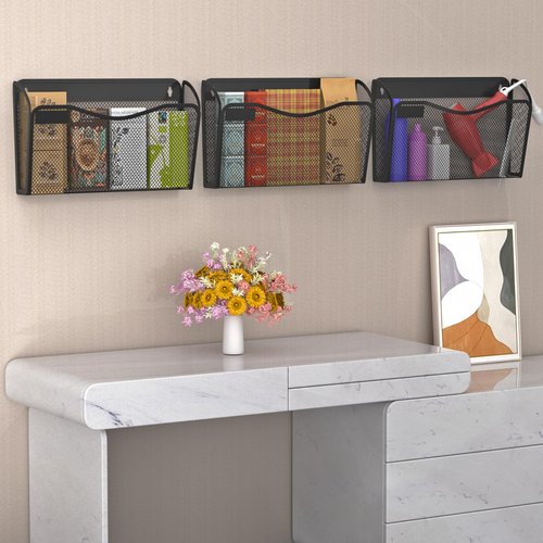 BOHDK Wall File Organizer, Mesh Hanging File Organizer, Home Office Organization and Storage, 3 Single Pockets Document Magazine Rack