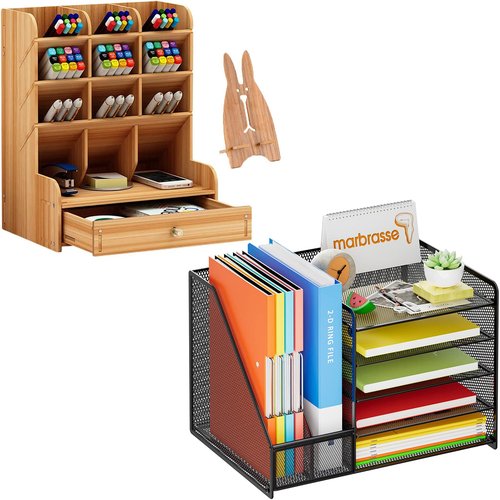 Marbrasse Wooden Desk Organizer Multi-Functional DIY Pen Holder + Desk Organizer with File Holder