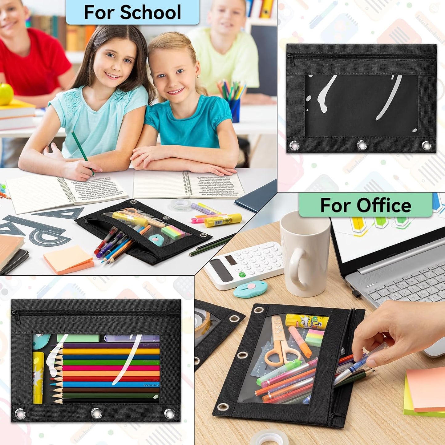 V-Opitos Pencil Pouch - Durable 3-Hole Zipper Case with Clear Window | 2-Pack for School & Office Supplies