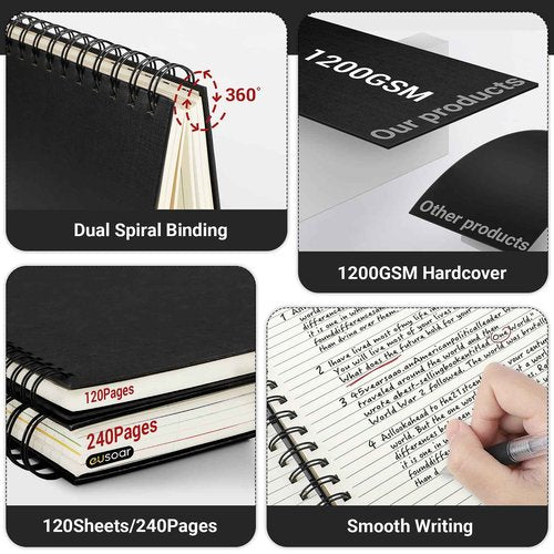 EUSOAR Notebook with Tabs, 3 Pack A4 Letter Size11 x 8-1/2", Black Hardcover Spiral 5 Subject Notebook, 120 Sheets/ 240 Pages, 100GSM College Ruled Paper, Journals for Work Office School Composition