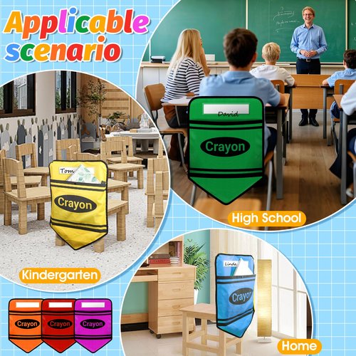 6 Pack Chair Pockets for Classrooms 17 X 18 Inch Crayon Seat Pockets with Name Slot Bright Colors Seat Sacks Seat Back Organizer for Kindergarten High School, 6 Pcs White Card Paper Include