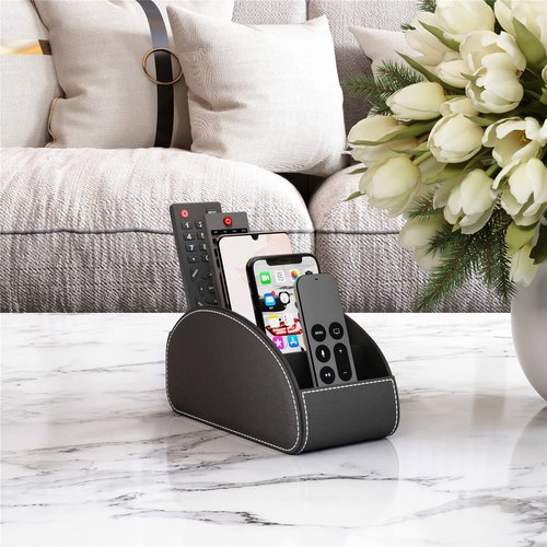 Thipoten Remote Control Holder for Table, Faux Leather Caddy/storage/Tray for Remote Controllers, Office Supplies, Perfect Space Saver for End Table/Nightstand/Office Desk (Black, Large)
