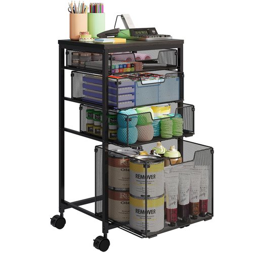 Sbanmao Rolling Storage Cart with Drawers, Utility Cart with Wooden Tabletop and Lockable Wheels Multifunctional Storage Organizer Craft Cart for Classroom, Bedroom, Bathroom, Office, Black