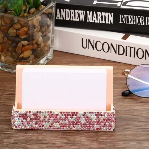 PATIKIL Business Card Holder for Desk, 2 Pack Rhinestone Business Card Holders Crystal Card Stand Organizer Cards Display for Office Exhibition, Pink