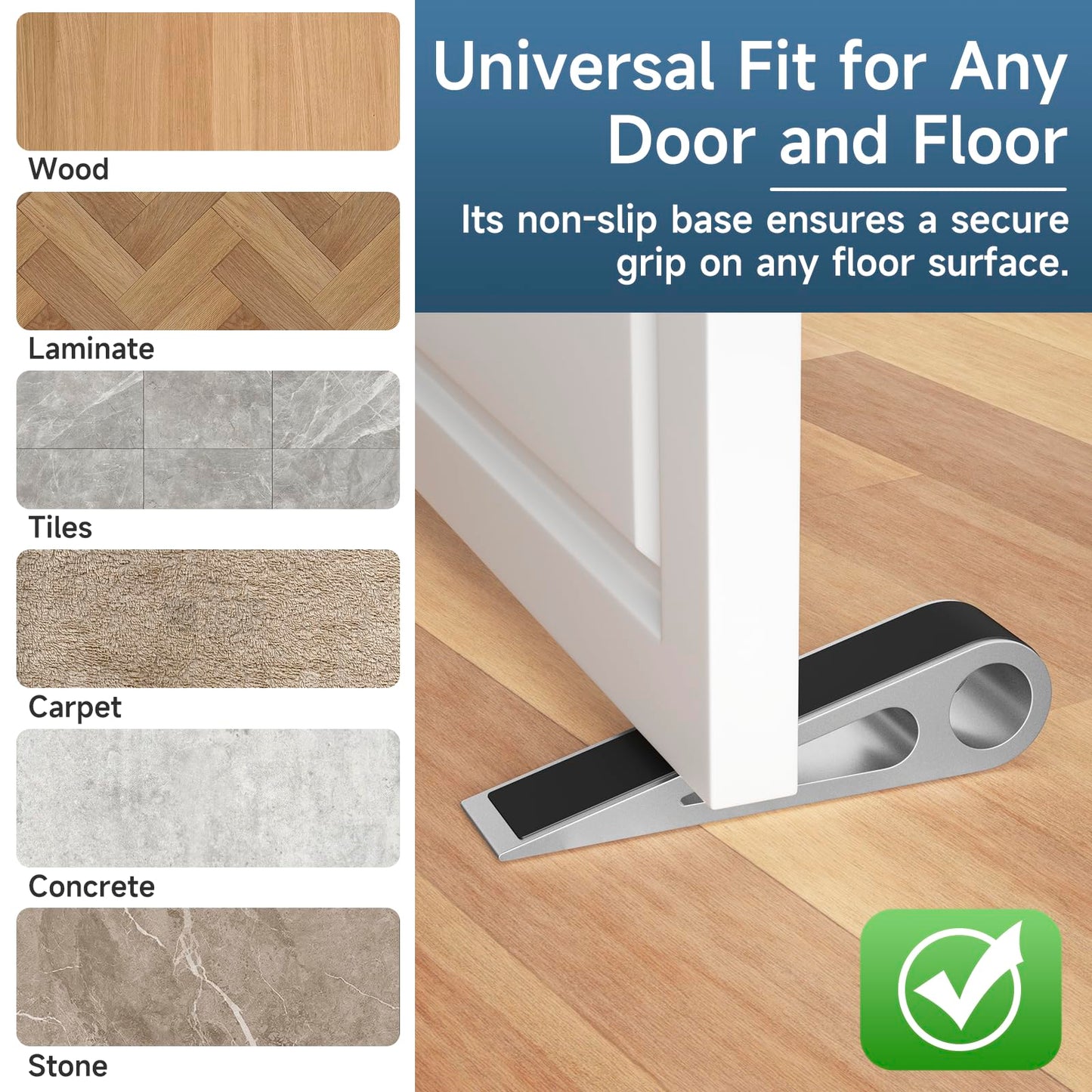 Heavy Duty Door Stopper for Bottom of Door, Aluminum & Rubber Door Stop Wedge- Keep Doors Open in Home, Apartment, Office, Hotel, 4.92L*1.02W*1.22H Inch, Silver