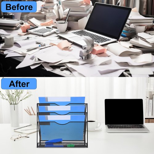 IOUGDSEC 4-Tier Mesh Wall File Holder Organizer with Bottom Flat Tray, Vertical Hanging File Organizer, Office Hanging File Folder Magazine Rack, Nametag Label Hooks Set Included, Black
