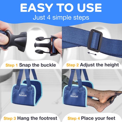 Portable Airplane Foot Hammock for Plane Travel with Memory Foam & Hardboard for No Feet or Leg Clashing - Long Flight Air Travel Essentials to Relax Feet Rest Flying Overseas by Beswalt (Navy Blue)