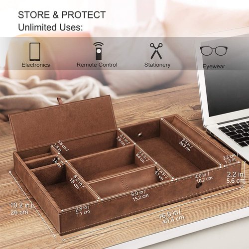 SITHON Valet Tray Desktop Organizer - 8 Compartments Catchall EDC Tray PU Leather Bedside Vanity Nightstand Caddy Coin Box Key Jewelry Storage Organizer, Brown