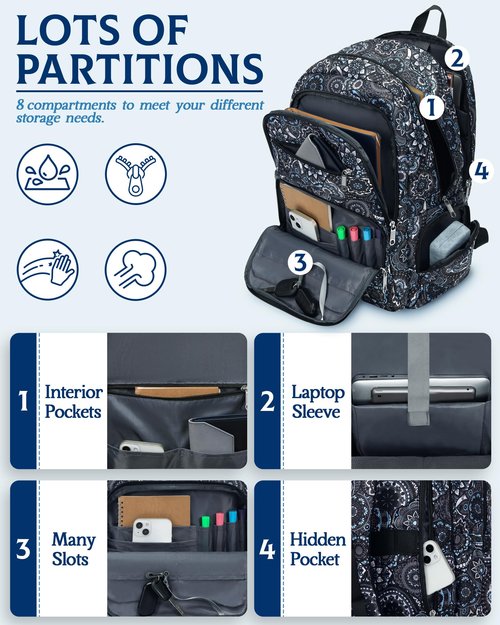 FOKDUVB Large Backpack for Women Backpack with Lots of Pockets for Travel Work School Bookbag with Laptop Compartment for High School College Girls Mochilas Morrales para Mujer (Black/Gray, Paisley)