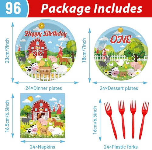 Gisgfim Farm Animals Birthday Party Supplies - 96Pcs Barnyard Tableware Set for 24 Guests