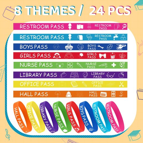Misdary 24 Pcs Hall Pass Rubber Bracelets School Passes Silicone Bracelet Set Supplies Teacher Supplies for Classroom Elementary Middle School Nurse Restroom Library Office