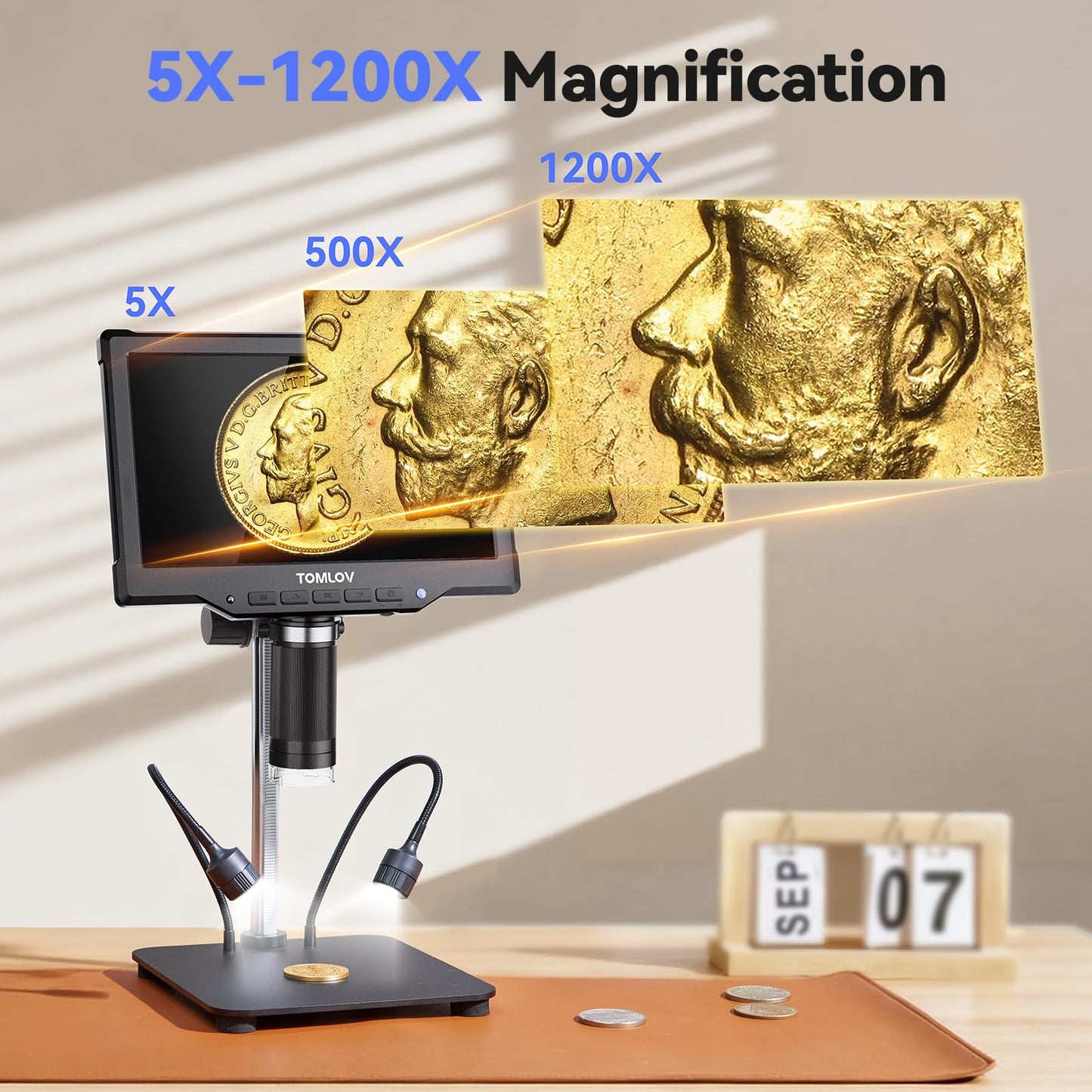 TOMLOV DM10 10.1" Digital Microscope: 1080P 1200X HD IPS Coin Microscope Magnifier for Error Coins with Light, 16MP LCD Soldering Microscopes for Adults with Screen, PC View
