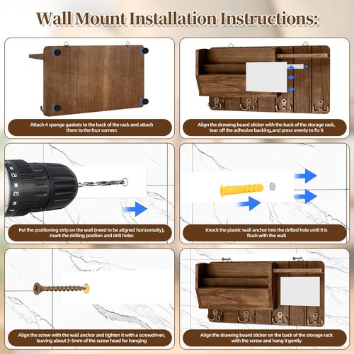 Wall Mounted Mail With message board and Holder Holder Wooden Key, With 4 Double Hook And a storage board, Key holder for wall, Country retro home decor, For living room and foyer storage（Wood brown）