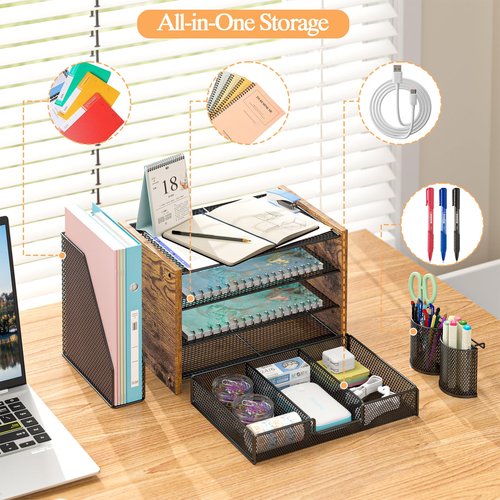 3IngSeagulls Wooden Desk Organizers and Accessories with File Holder, 4-Tier Paper File Organizer with Drawer & 2 Pen Holders, Office Desk Accessories, Desktop Organizer and Storage for Home Office