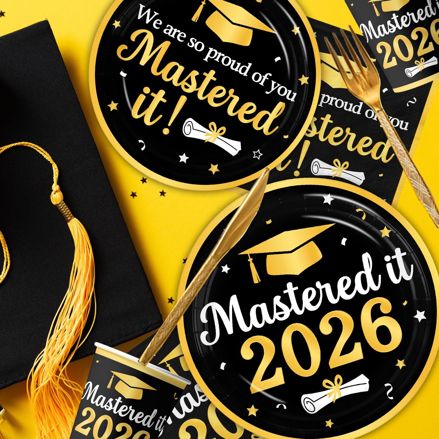 Graduation Decorations Class of 2026, Black Gold Mastered It 2026 Disposable Paper Plates Napkins and Cups for Master College High School Graduation Party Supplies Serve 25