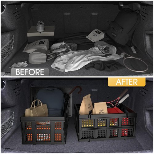 TOOLIOM 50L Collapsible & Stackable Plastic Storage Crates with Handles, Black Folding Shopping Basket, Folding Storage Bin