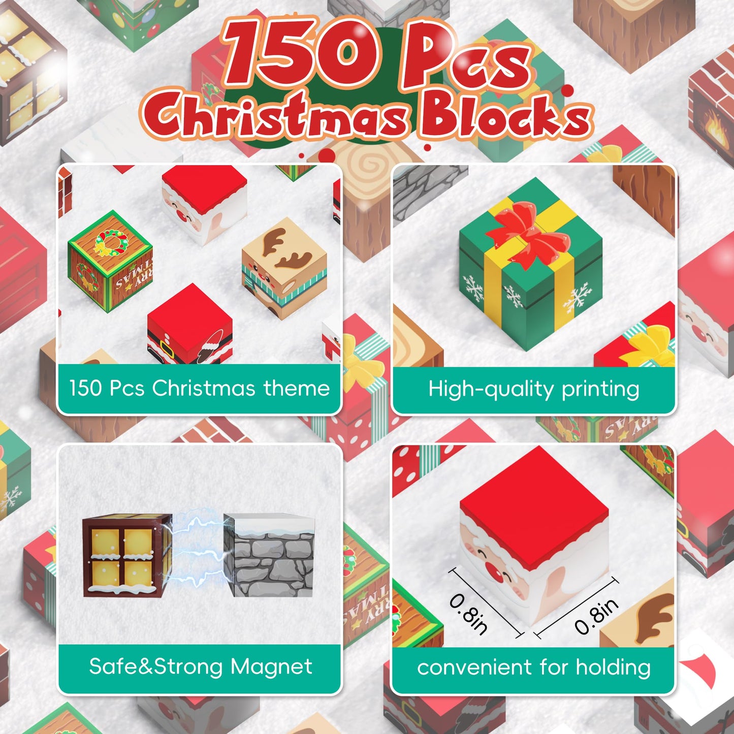 Timetome Magnetic Blocks, 150PCS Magnetic Building Block Cubes, STEM Montessori Sensory Toys for Kids Boys Girls Ages 3 4 5 6 7 8 9 10 (Christmas Version)