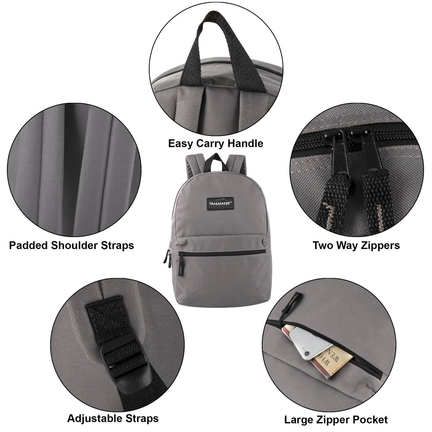 Trail maker Classic 17 inch Backpacks with Adjustable Padded Straps | School Backpacks for Girls, Boys (Grey)