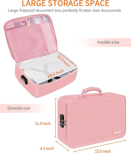 Noiposi Document Organizer - Waterproof & Fireproof Storage Box with 7 Pockets | Portable Pink Case