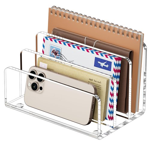 FUCDTEFC Desk Mail Organizer, 3 Section Clear Acrylic File Holder Letter Organizer, Vertical Lightweight Modern Envelope Holder Desk Accessories & Workspace Organizers for Office, Home, School
