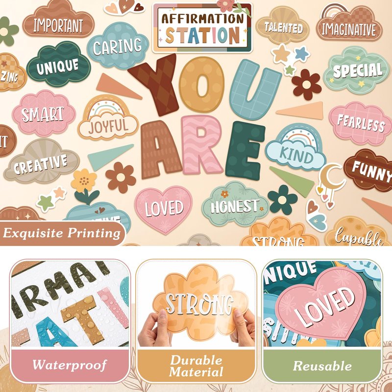 Weekgrat 45pcs Classic Boho Bulletin Board Set Motivational Posters Classroom Mirror Growth Mindset Decor Positive Affirmations Accents Cutouts for School Office Home Teacher Wall