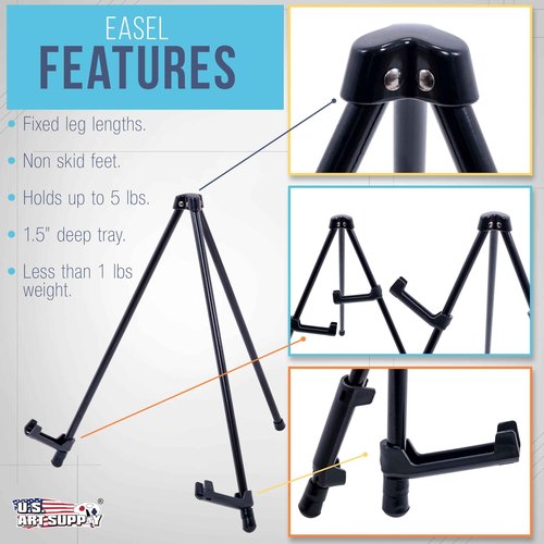 U.S. Art Supply 13.5" Black Metal Tabletop Easel Stand (6 Pack) - Foldable Tripod Table Top Easel Stand for Sign, Art, Poster Board, Canvas & Photos - Display Table Easels with Non-Skid Feet