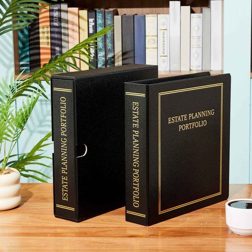 Feifeiya 2 Pcs Estate Planning Portfolio Binders with Gold Title in Case I Die Organizer with Index Tabs and Slipcase PU Leather 3 Ring Binders 11.5 x 11 x 2.5 Inches (Black)