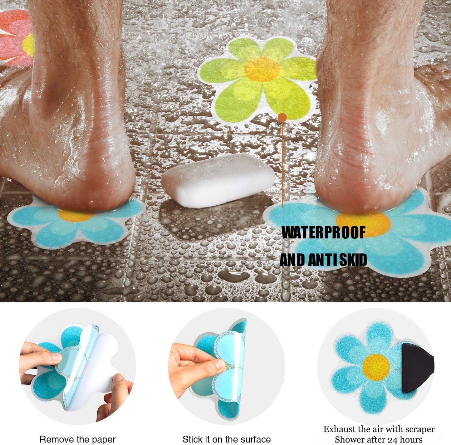 Secopad 20 PCS Original Non Slip Bathtub Stickers, Shower Floor Non Slip Stickers Bright Flowers Appliques with Premium Scraper