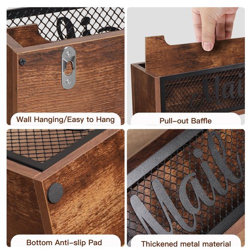 Mail Organizer,Mail Holder with 2 Slots, Wood Mail Basket Mail Sorter for Wall Table Countertop, Bill Envelope Letter Holder for Home Office