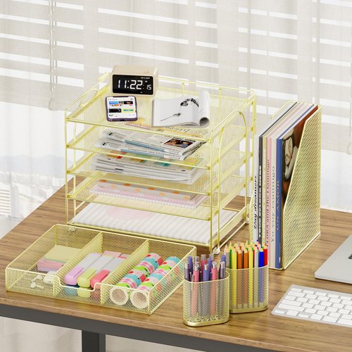 OPNICE Desk Organizers and Accessories, 5-Tier Paper File Organizer with Drawer & Pen Holder, Office Desk Accessories Workspace Desktop Organizer for Office Supplies(Gold)