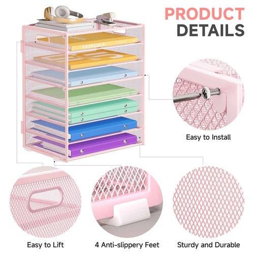 Biciyarn 8 Tier Paper Organizer with Handle, Metal Mesh Desk File Organizer, Large Capacity Desk Organizers Paper Letter Tray Desktop Document Sorter for Office, Home or School - Pink