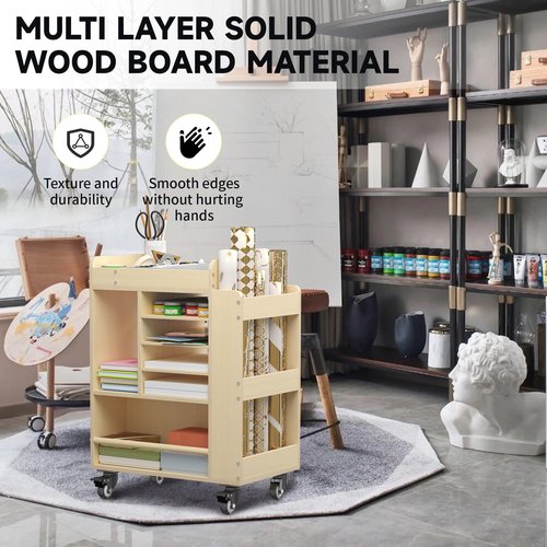 lukar Wooden Art Storage Cart with Wheels, 25.6" Art Supply Storage Organizer Cart, Multi-Functional Rolling Utility Carts for Kid, Arts Activity Carts for Storing A4 Paper, Brushes, Paint