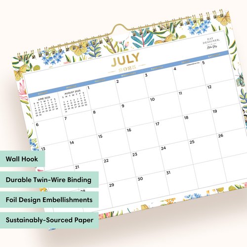 Blue Sky Day Designer 2025-2026 Monthly Academic Year Wall Calendar, July 2025 - June 2026, 11" x 8.75", Durable Twin Wire Binding, Perfect For Home, Office And Classroom, Flutter