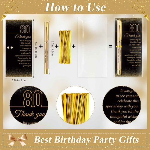 Feifeiya 50 Set 80th Birthday Party Favor for Guest Anniversary Party Favor with Black and Gold Ballpoint Pens and Thank You Cards for Women Men Birthday Anniversary Appreciation Gifts
